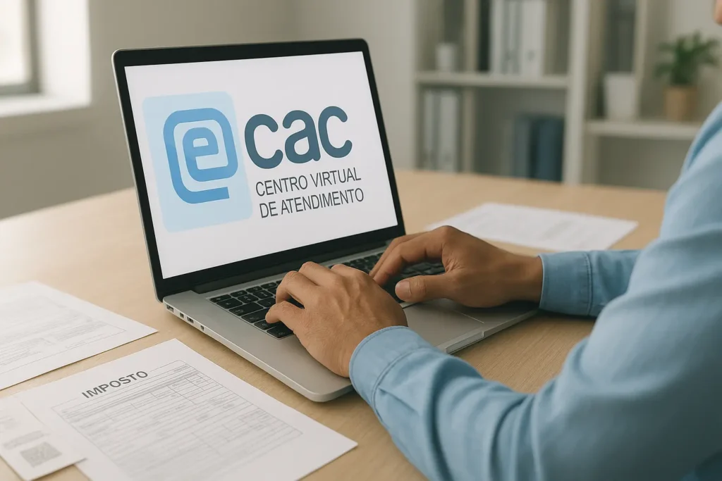 Microempreendedor acessando o e-CAC em notebook, com documentos fiscais organizados em ambiente profissional.