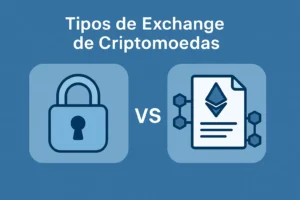 Ilustração comparando exchange centralizada e descentralizada com ícones de segurança e blockchain.