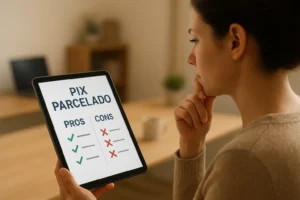 Mulher analisando em tablet uma lista de prós e contras sobre o uso do Pix Parcelado em compras do dia a dia.