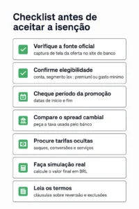 Checklist visual com 7 etapas para avaliar ofertas de isenção bancária