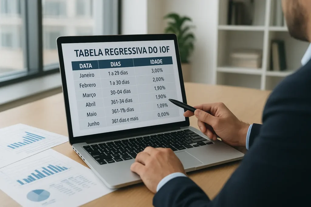 Pessoa estudando a tabela regressiva da alíquota IOF em investimentos, com laptop e gráficos financeiros.