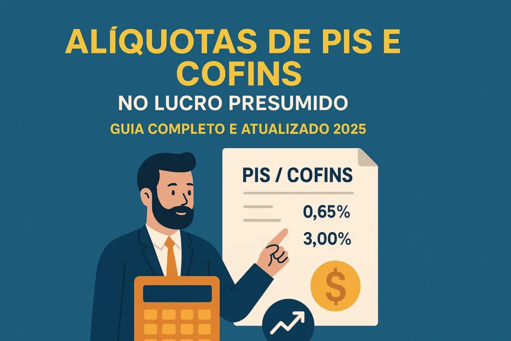 Ilustração moderna mostrando as alíquotas de PIS e COFINS no Lucro Presumido em 2025, com foco empresarial.