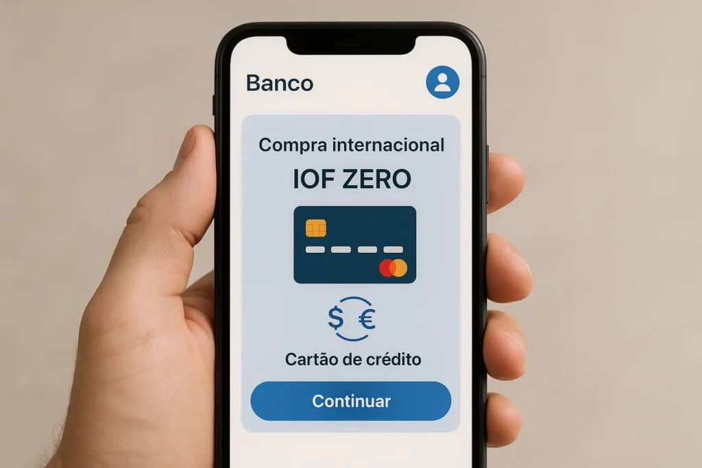 Celular com aplicativo de banco digital sem IOF para compras internacionais e câmbio em dólar