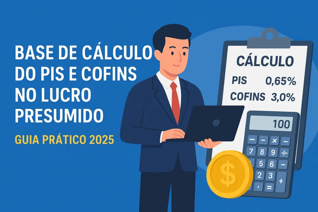 Ilustração explicando o cálculo do PIS e COFINS no Lucro Presumido em 2025, com foco contábil.