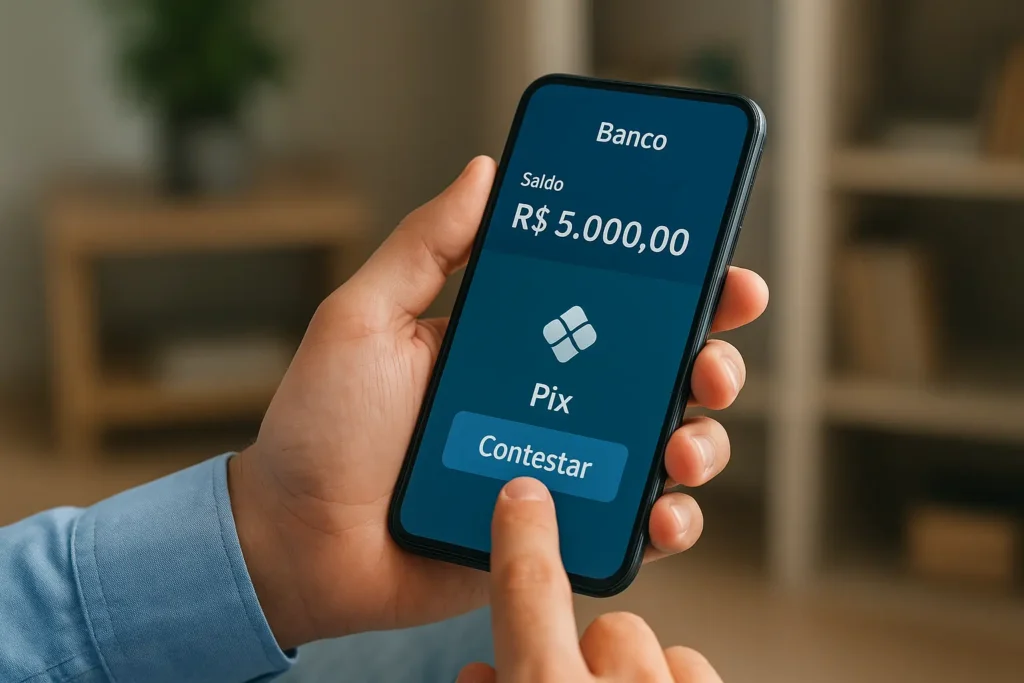 Pessoa usando app bancário no celular para contestar Pix, ambiente seguro e realista, imagem horizontal