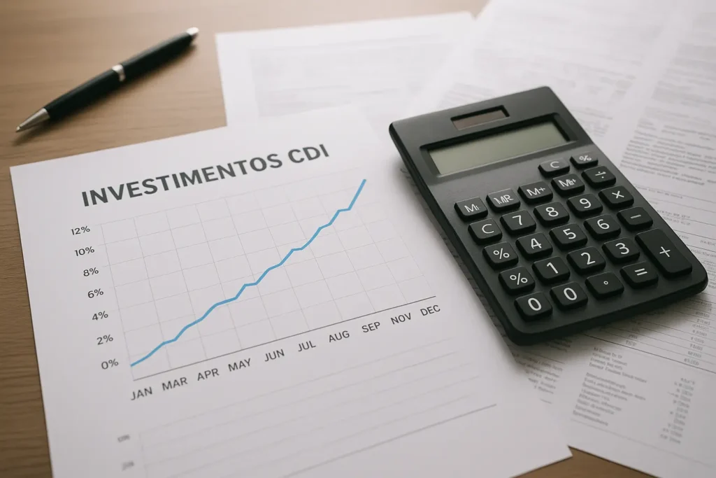 Gráfico de investimentos CDI com calculadora e documentos sobre mesa profissional de renda fixa