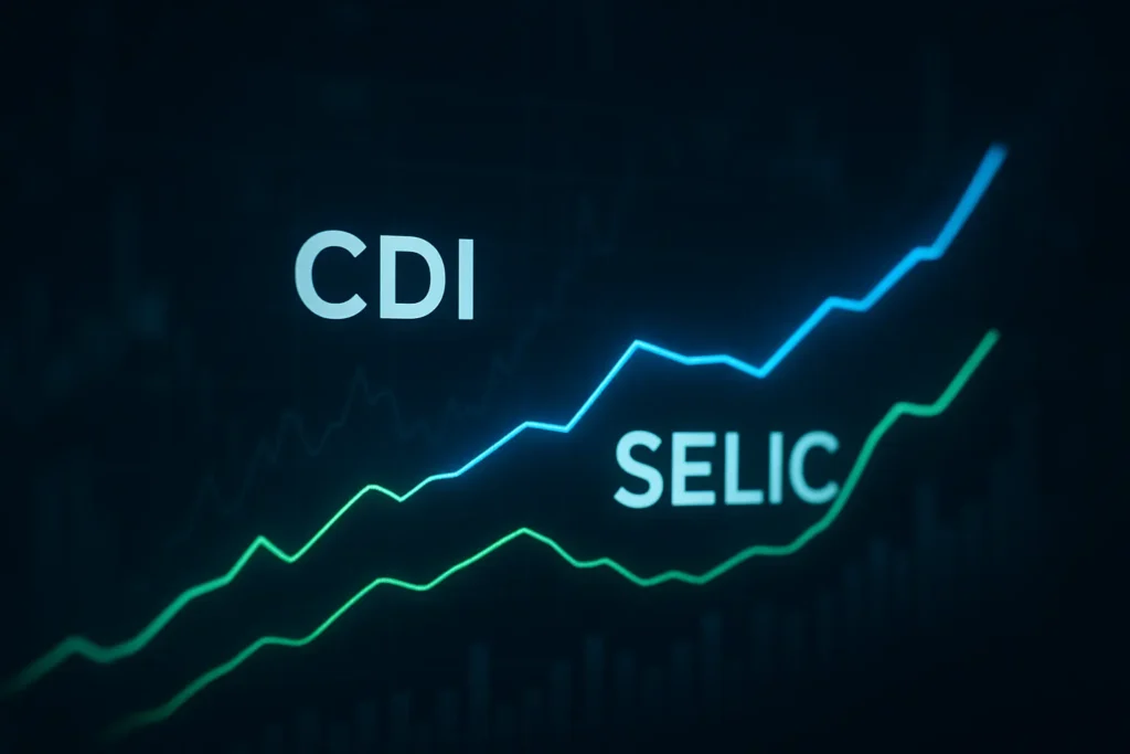 Gráfico comparativo ilustrando a diferença entre a Taxa Selic e o CDI, os principais indicadores da Renda Fixa.