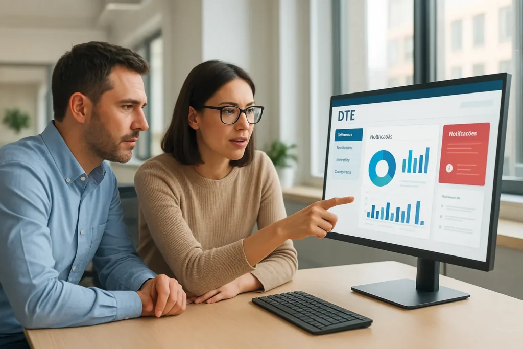 Escritório moderno com profissionais analisando portal DTE em tela com gráficos e notificações fiscais