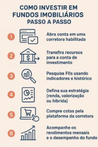 Infográfico passo a passo de como investir em fundos imobiliários, com ícones e orientações visuais claras