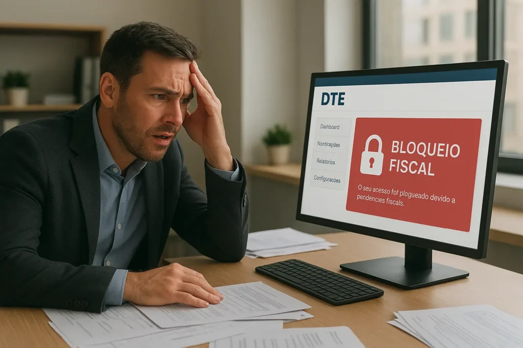 Empresário frustrado em escritório com bloqueio fiscal no portal DTE exibido em tela de computador