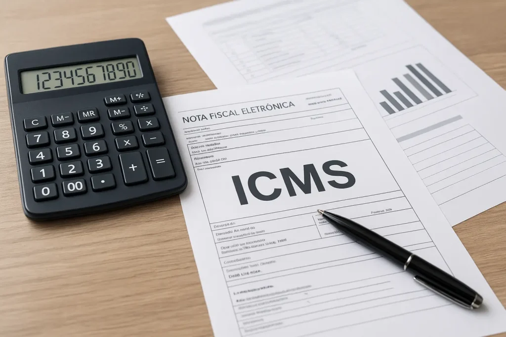 Nota Fiscal Eletrônica brasileira com ICMS destacado, calculadora e documentos em mesa moderna