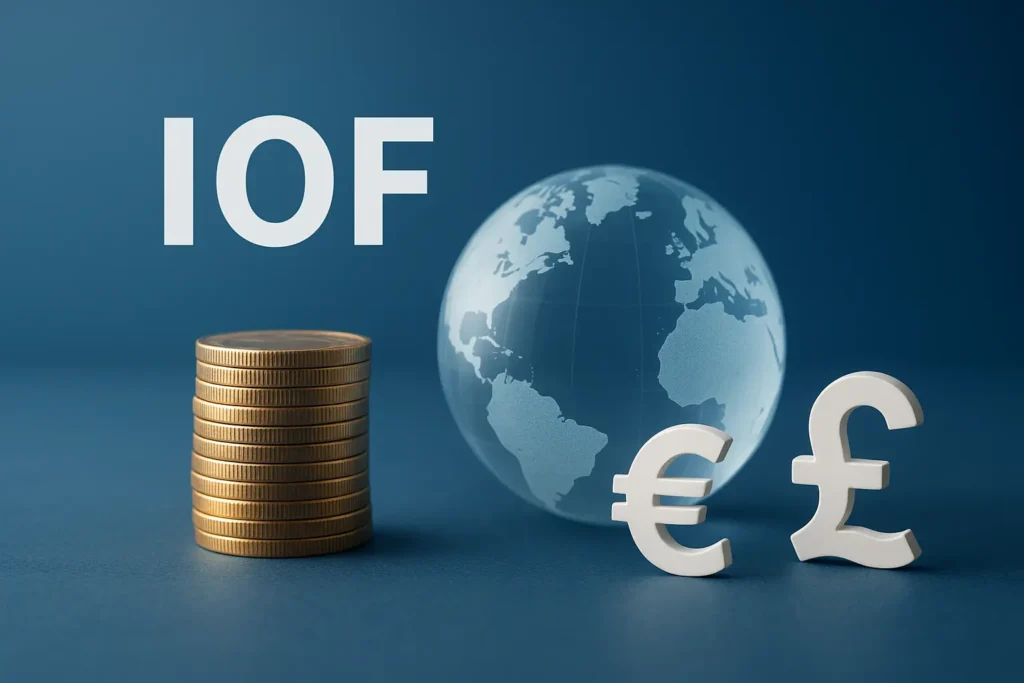 Conceito de IOF compra internacional ilustrado com moedas, globo e símbolos de câmbio em fundo azul moderno.