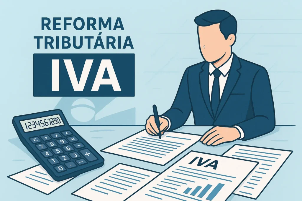 Ilustração profissional da Reforma Tributária Brasileira com documentos, calculadora e texto IVA