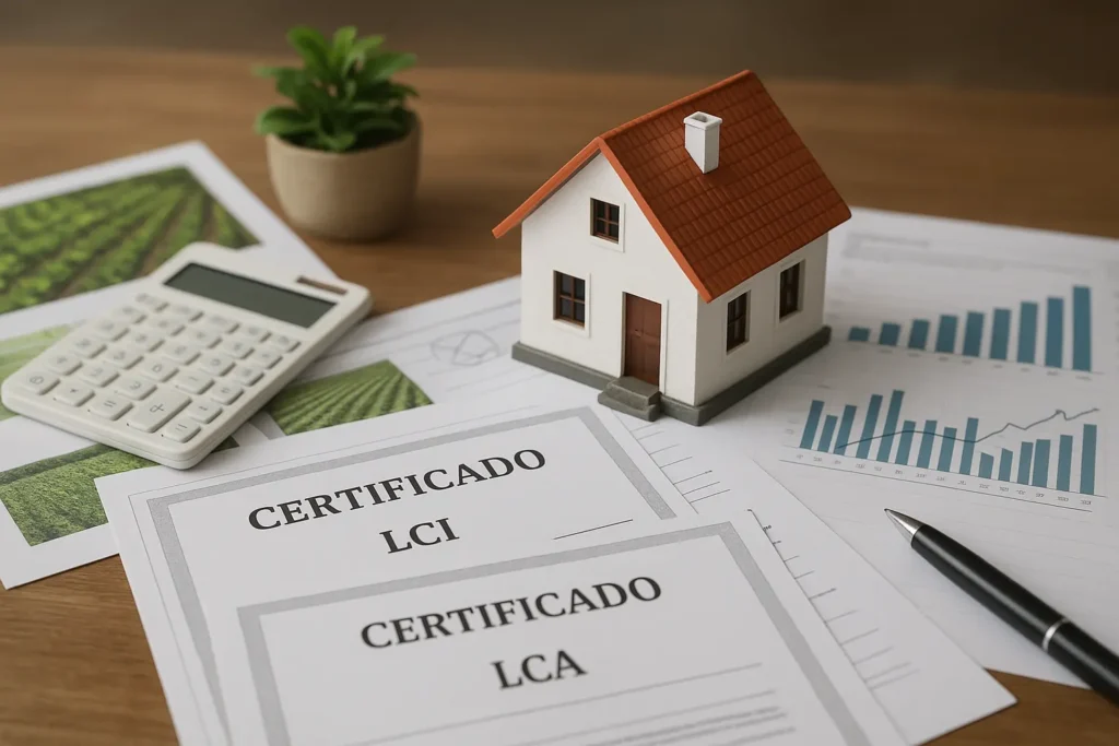 Documentos e certificados LCI e LCA com miniatura de casa, calculadora, plantações e gráficos 2025 BR.