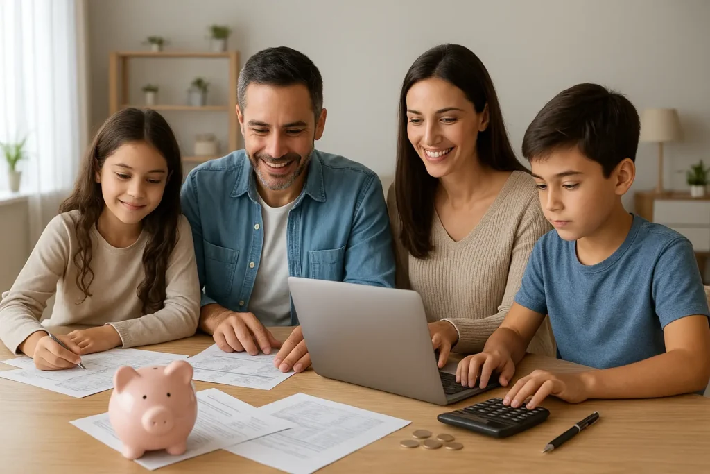 Família reunida em mesa moderna organizando finanças com notebook, planilhas e calculadora em ambiente iluminado.
