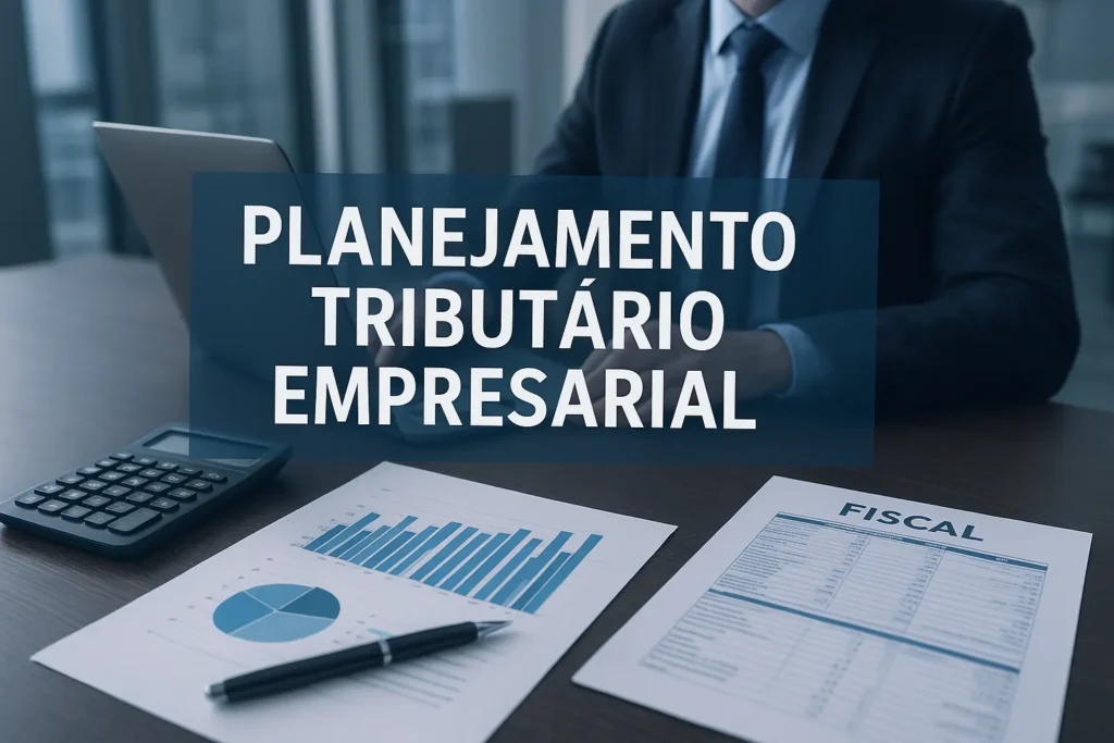 Planejamento Tributário Empresarial com gráficos financeiros, laptop e documentos fiscais em escritório moderno