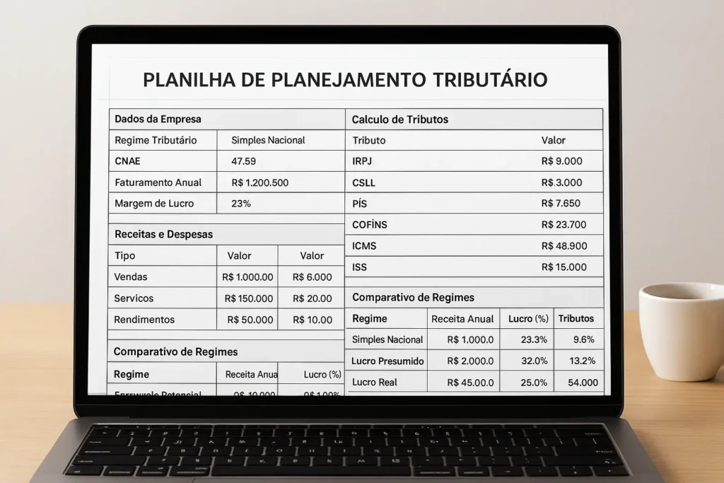 Planilha de planejamento tributário exibida em laptop, mostrando cálculos de tributos e comparativo de regimes fiscais.