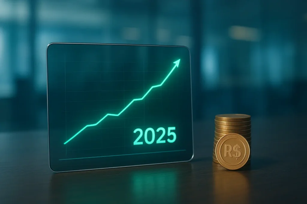 Gráfico de investimento em renda fixa para 2025 em tablet, mostrando crescimento seguro com moedas de Real.