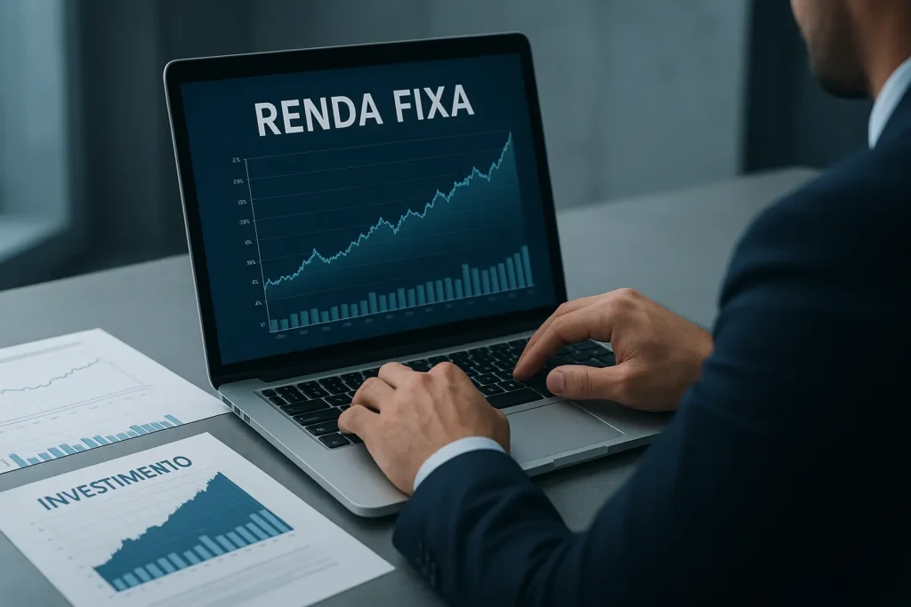 Investidor analisando aplicações de renda fixa em laptop, simbolizando segurança e rentabilidade.