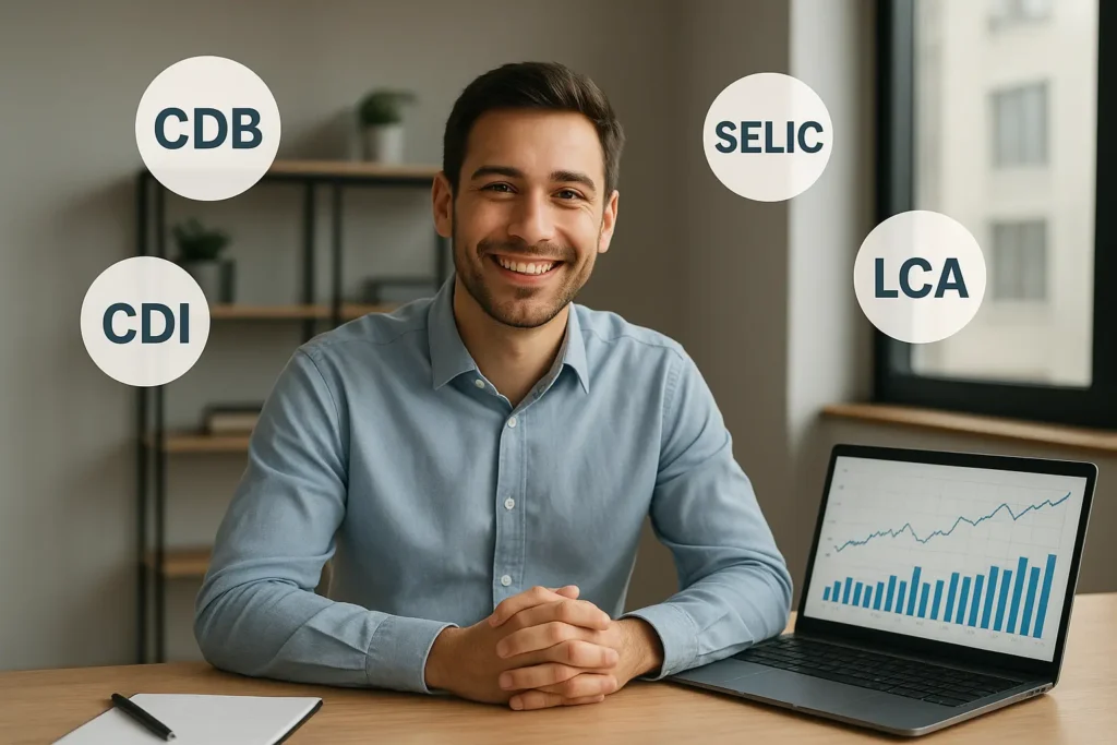 Investidor iniciante sorrindo em escritório moderno com ícones de renda fixa e gráficos de CDB, CDI e SELIC.