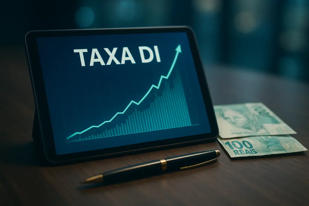 Gráfico da Taxa DI em um tablet, ilustrando o impacto do indicador nos investimentos de Renda Fixa no Brasil.