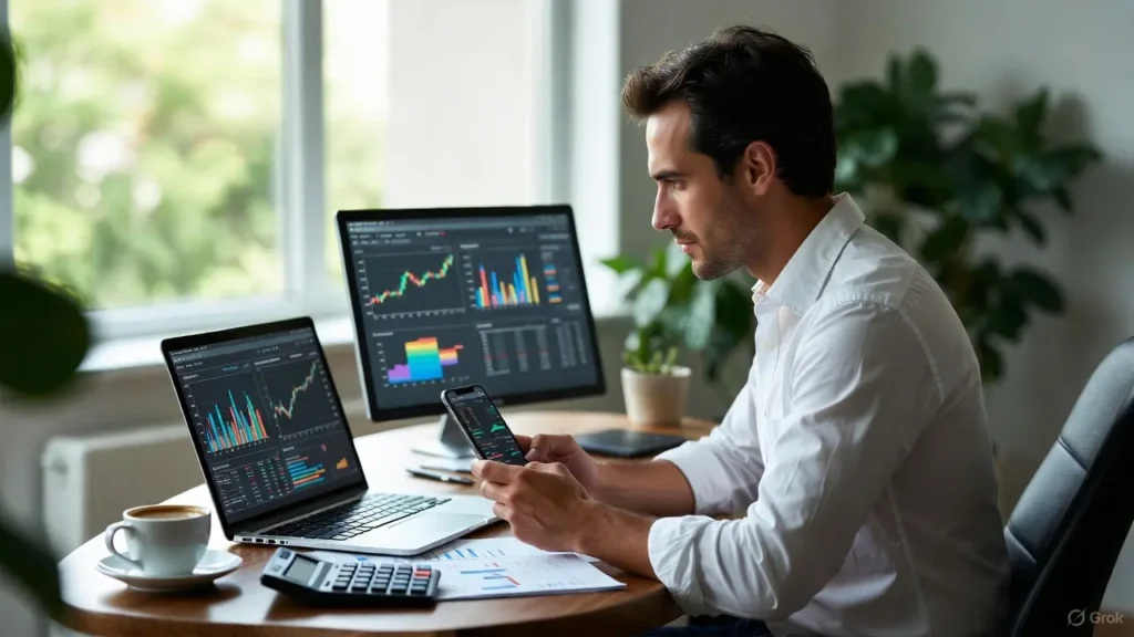 Investidor brasileiro compara CDB e Tesouro Direto em 2025 com laptop e planilhas financeiras