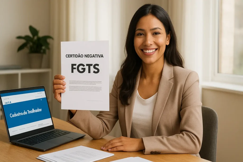 Mulher brasileira sorrindo segura Certidão Negativa FGTS em casa, com laptop aberto no site da Caixa.