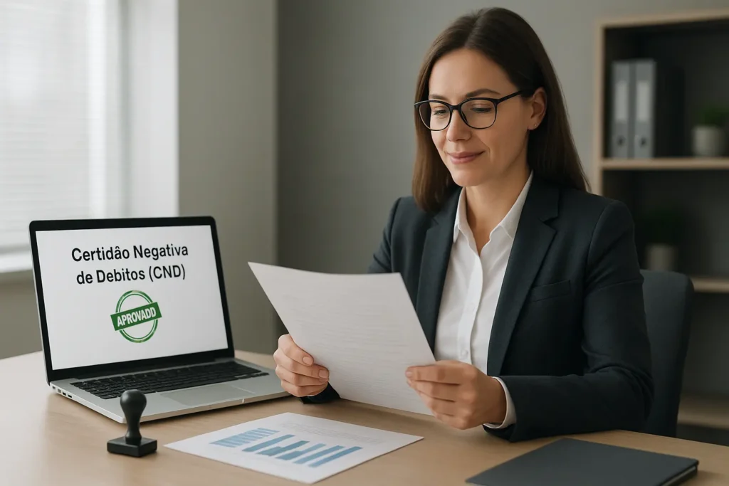 Profissional analisando documentos ao lado de laptop com CND aprovada, transmitindo segurança e conformidade fiscal.