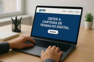 Pessoa acessando o site gov.br no notebook para obter a Carteira de Trabalho Digital pela web, em ambiente de trabalho iluminado.