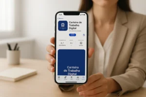 Pessoa baixando a Carteira de Trabalho Digital na App Store em um iPhone, com fundo claro e ambiente de trabalho organizado.