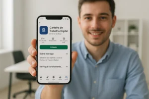 Usuário baixando a Carteira de Trabalho Digital na Google Play Store em um celular Android, em ambiente moderno e iluminado.