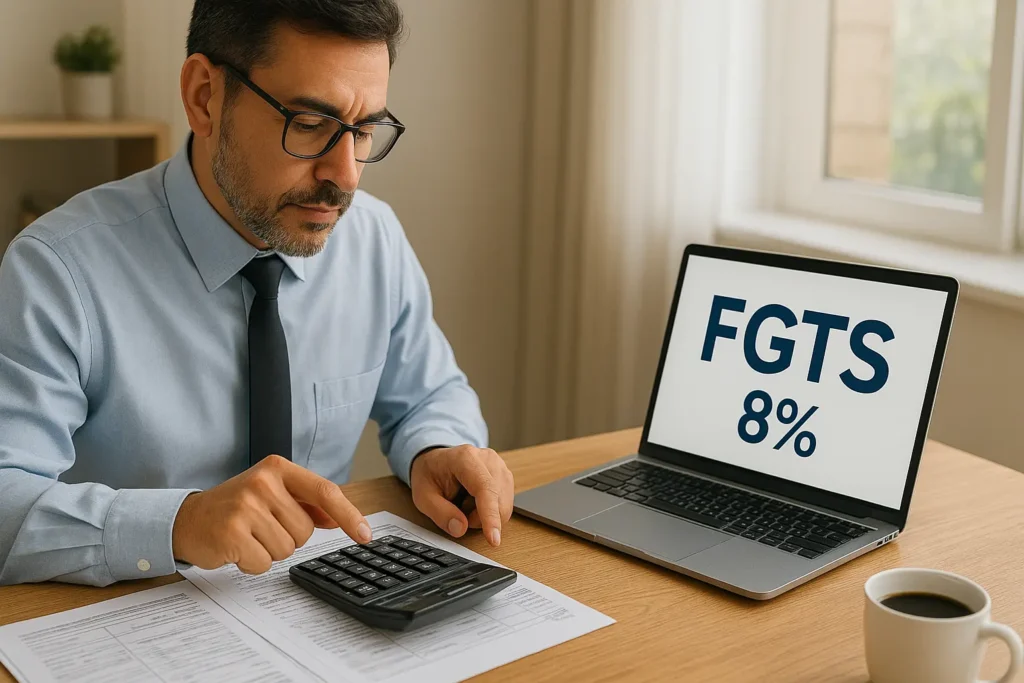 Contador brasileiro calcula FGTS com holerites e fórmula 8% em escritório moderno