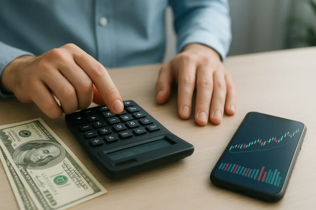 Mãos de uma pessoa usando uma calculadora para simular como calcular o IOF na compra de dólar, com notas de dólar e um smartphone ao lado.