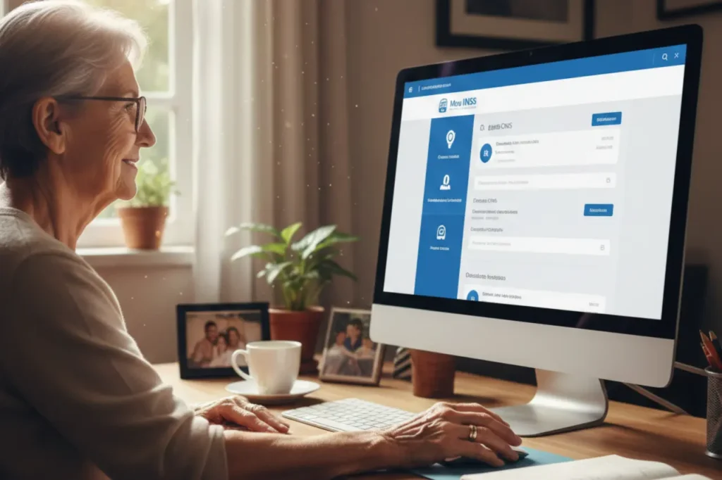 Senhora usando notebook para consultar o CNIS em casa, com tela clara e ambiente iluminado, em contexto informativo.