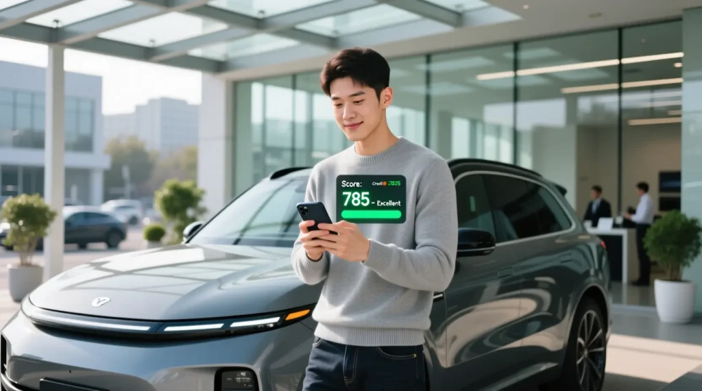Homem checando score de crédito no celular antes de financiar carro em concessionária
