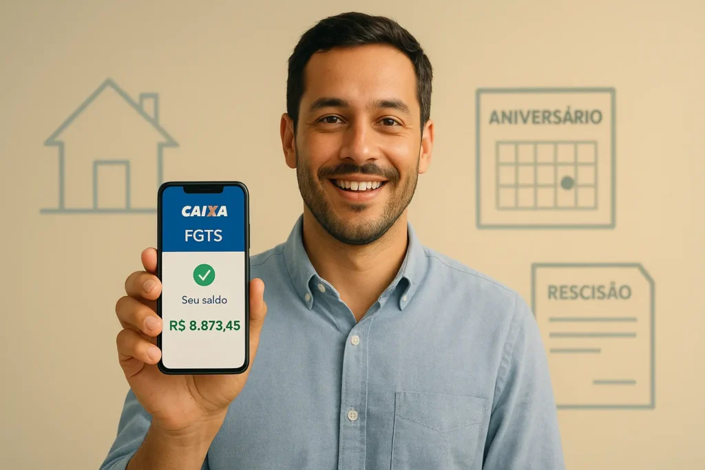 Homem consultando saldo do FGTS no app da Caixa em 2025 para saber se tem direito ao saque