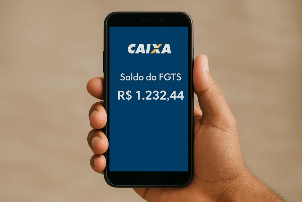 Mulher brasileira consulta saldo do FGTS pelo app Caixa Tem em casa com documentos organizados