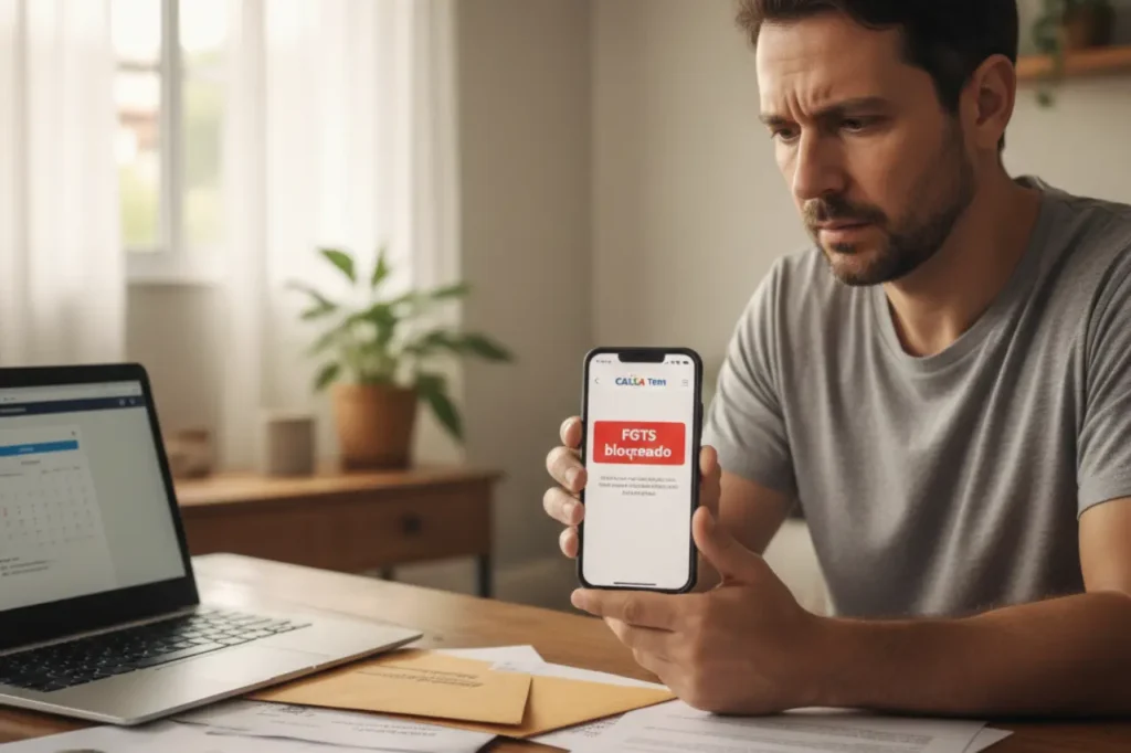 Homem brasileiro tenta sacar FGTS bloqueado pelo app Caixa Tem com documentos sobre a mesa