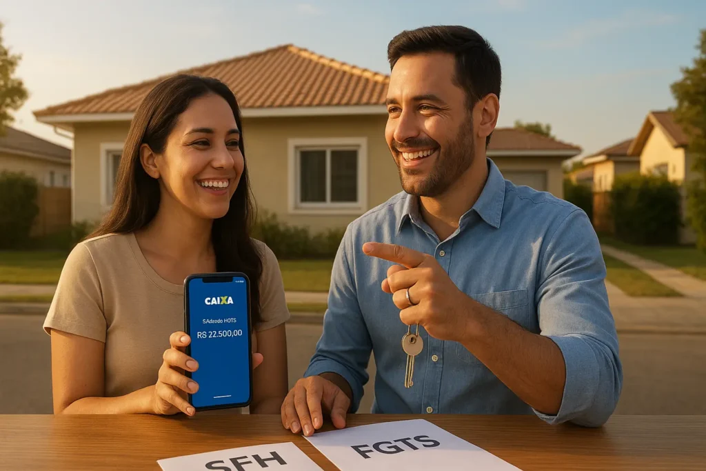 Casal usando FGTS para comprar casa própria em 2025 com apoio do app da Caixa