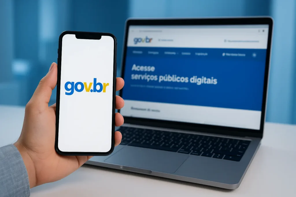 Pessoa segurando smartphone com app gov.br aberto ao lado de laptop, ilustrando como criar conta gov.br.
