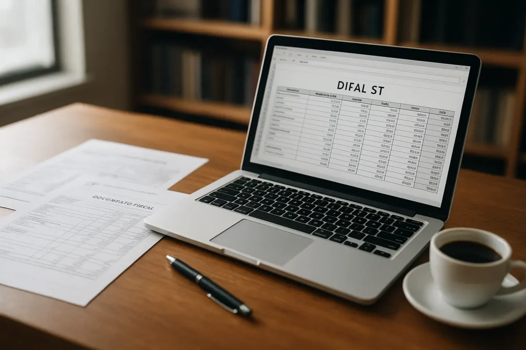 Contador analisando cálculo de DIFAL ST em planilha fiscal com documentos e notebook em escritório profissional.
