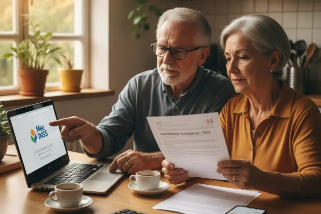 Casal idoso analisando empréstimo consignado no Meu INSS com documentos na mesa