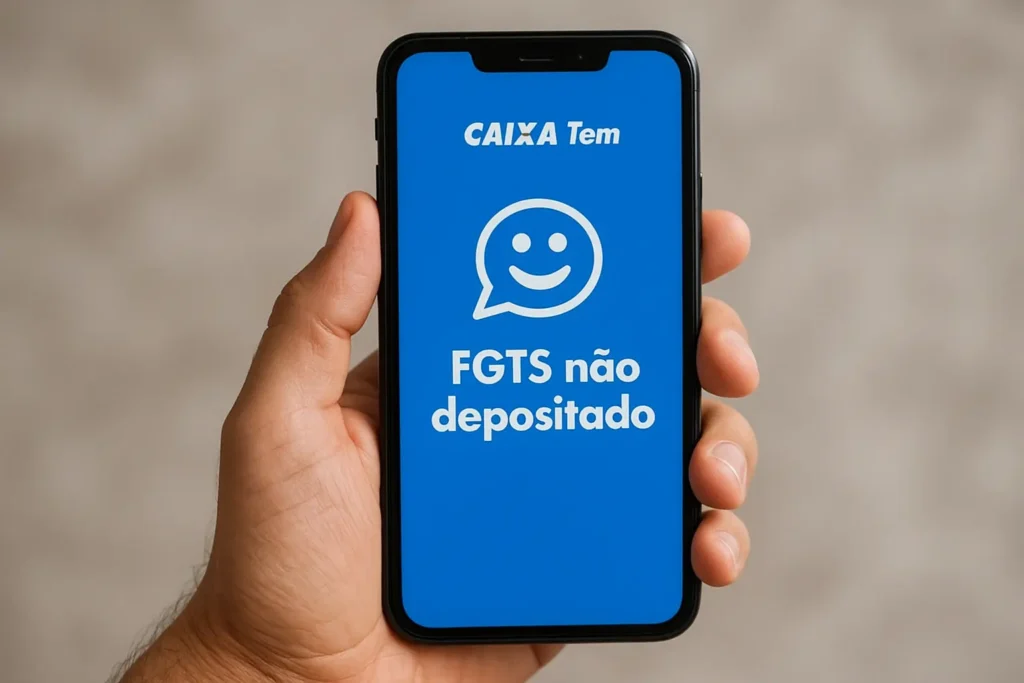 Mão segurando smartphone com o app Caixa Tem exibindo alerta FGTS não depositado em tela azul.