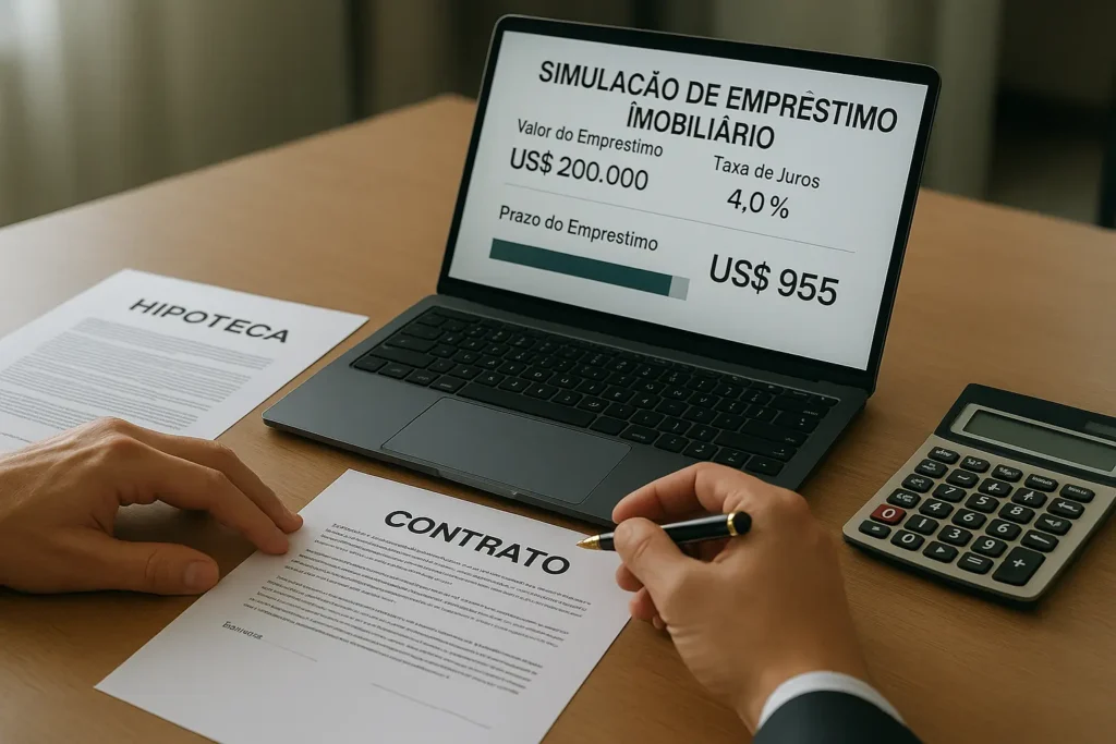 Mesa com contrato de hipoteca, documentos e simulação de empréstimo imobiliário, representando análise financeira.