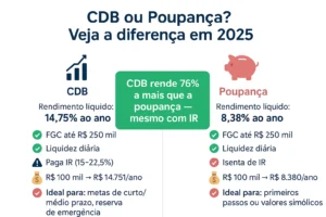 Comparativo de como investir em CDB vs poupança em 2025: CDB rende 14,75% líquido, poupança 8,38%. Ambos têm FGC e liquidez diária.
