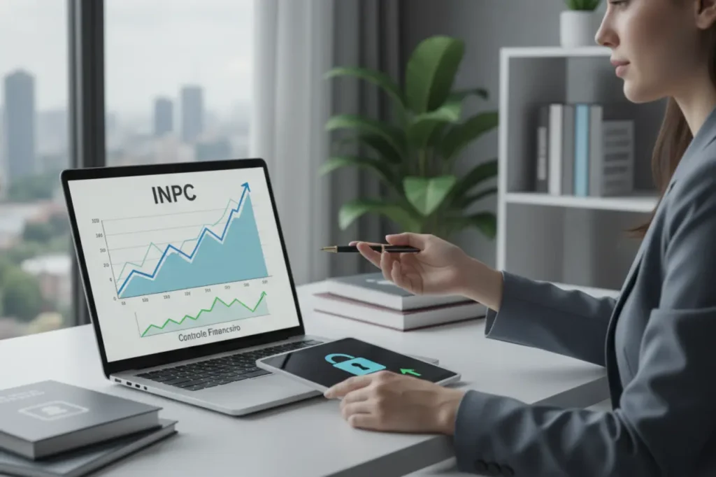 Mulher profissional analisa gráficos de inflação INPC em notebook, simbolizando controle financeiro e segurança.
