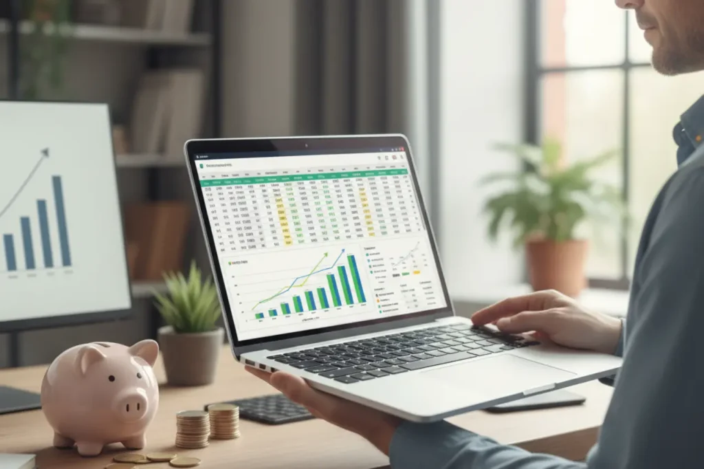 Pessoa no notebook calculando reajuste salarial pela tabela INPC 2025, com cofrinho e moedas na mesa.