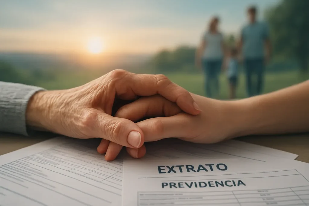 Mãos sobre documentos do INSS, família no parque ao fundo, pôr do sol. Segurança e planejamento previdenciário.