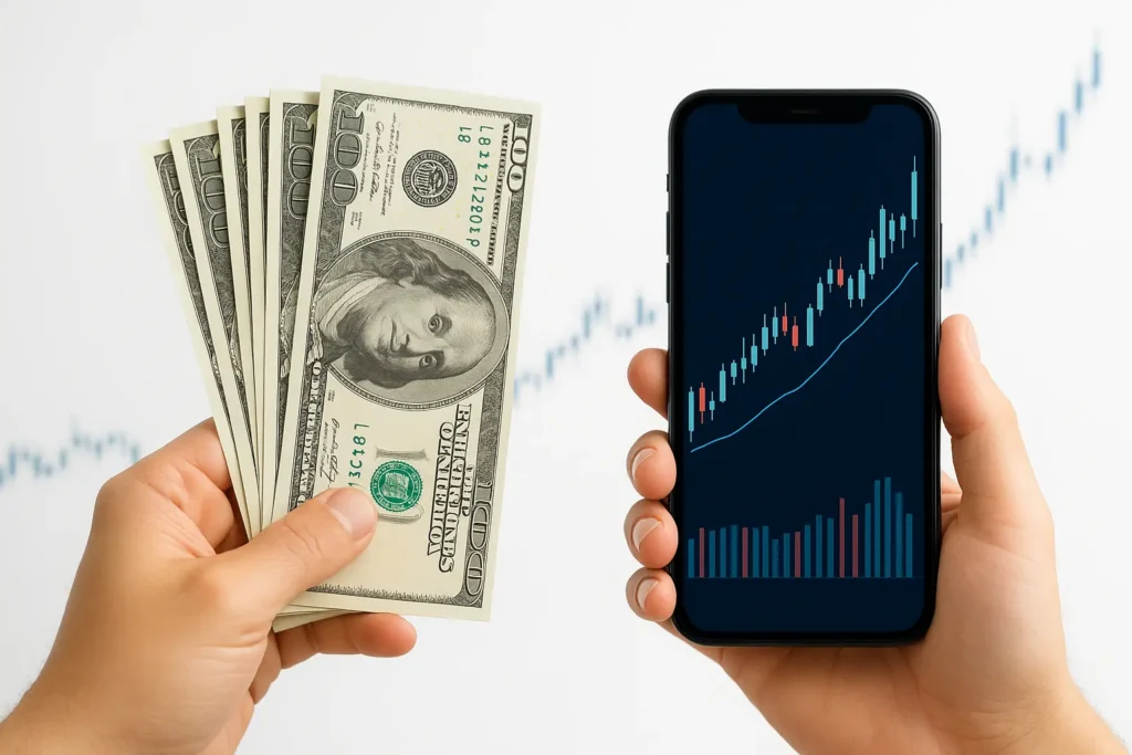 Homem analisando a cotação do dólar em um smartphone para entender o IOF para comprar dólar antes de uma viagem internacional.