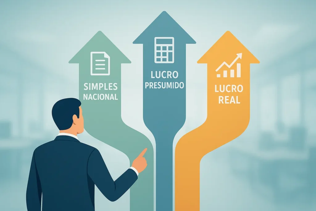 Gráfico comparativo de Simples Nacional, Lucro Presumido e Real, mostrando a escolha estratégica para sua empresa.